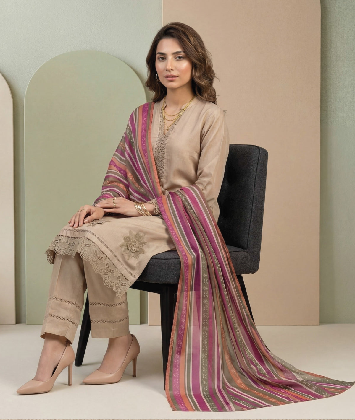 Beige Embroidered 3-Piece Suit with Multicolor Striped Digital Print Dupatta