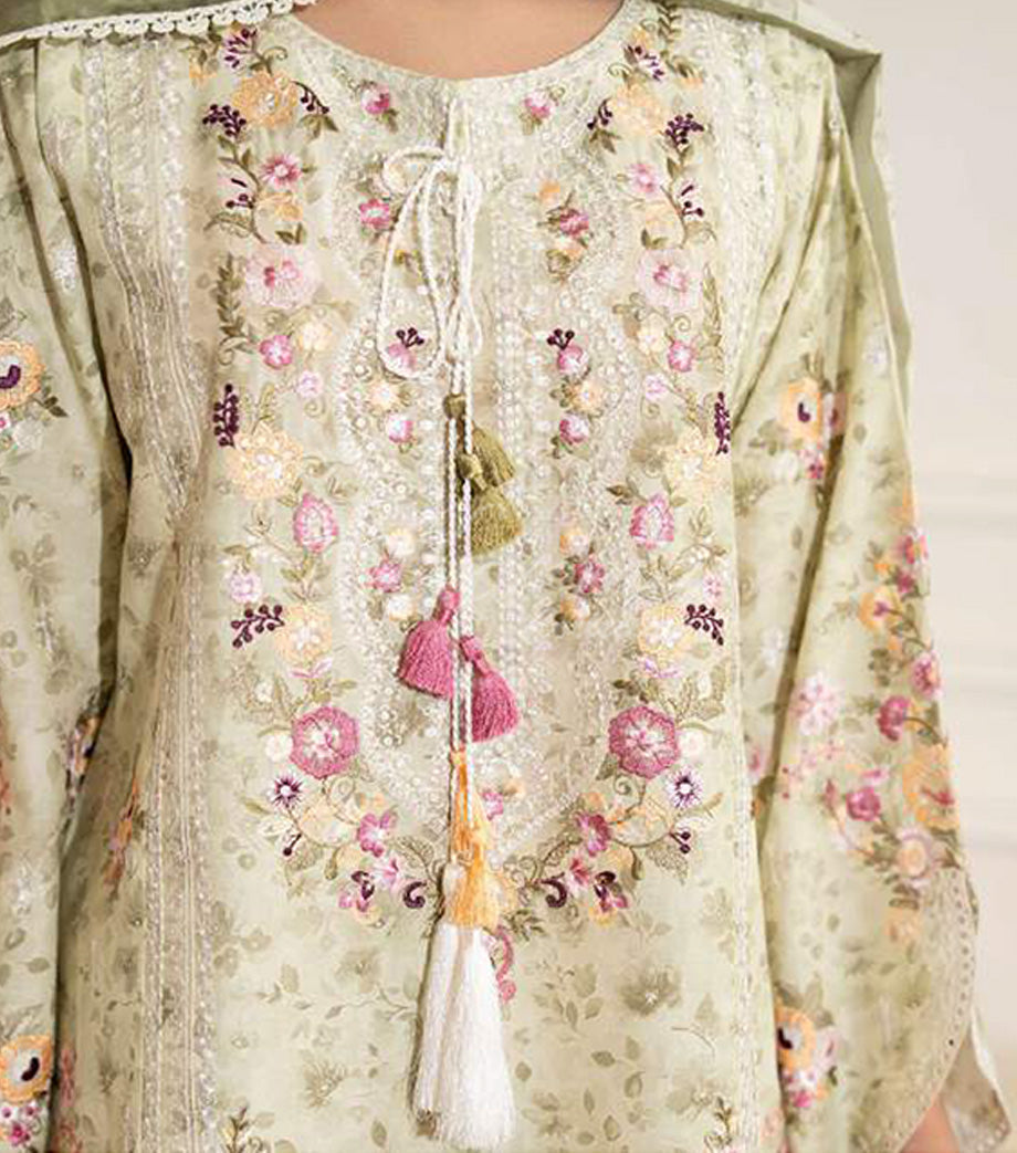 Ivory Garden Embroidered Lawn Suit with Floral Printed Dupatta & Farshi Shalwar
