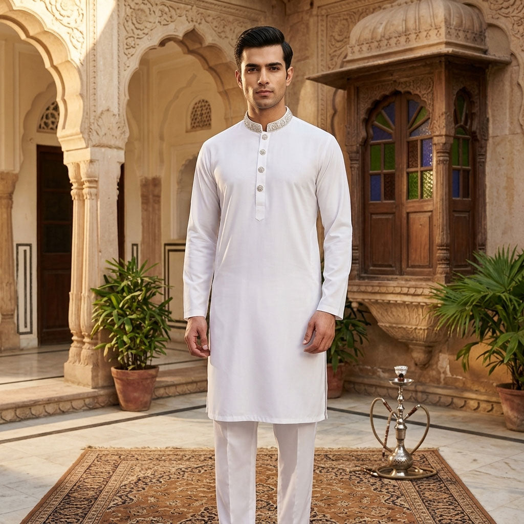 Embroidered Kurta Trouser - White with Silver