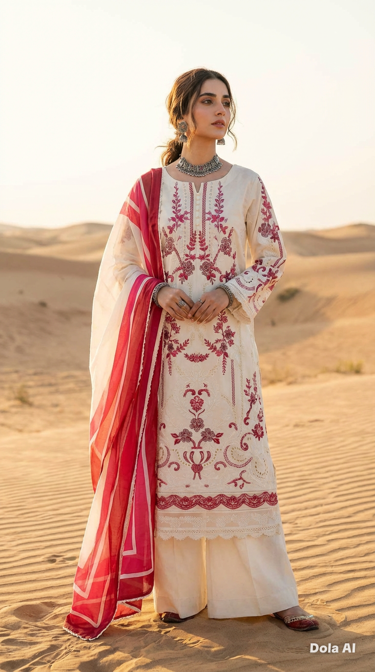 White and red Maria b inspired 3pc outfit with a silk scarf