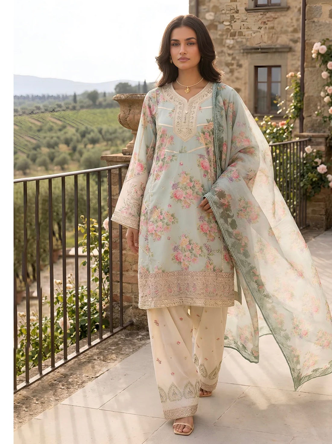 Mint Blossom Printed Lawn Suit with Farshi Shalwar