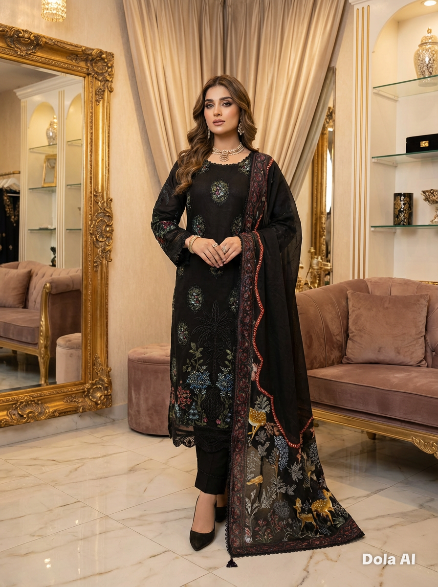 Maria b inspired black with red and blue embroidery 3pc outfit