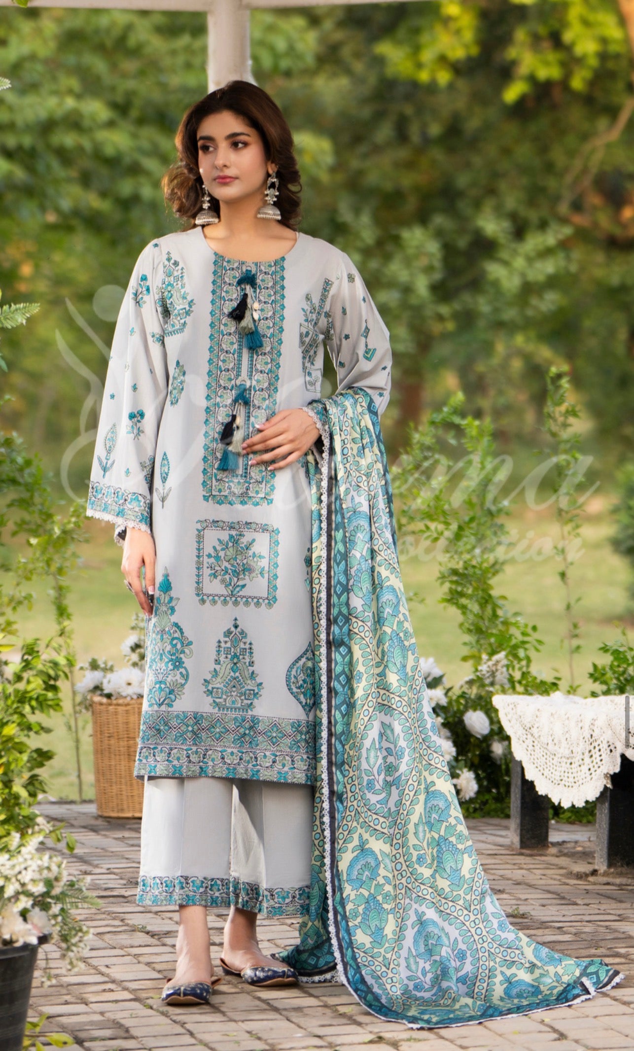 Grey with blue embroidery 3pc original karma suit with long kameez and plazo