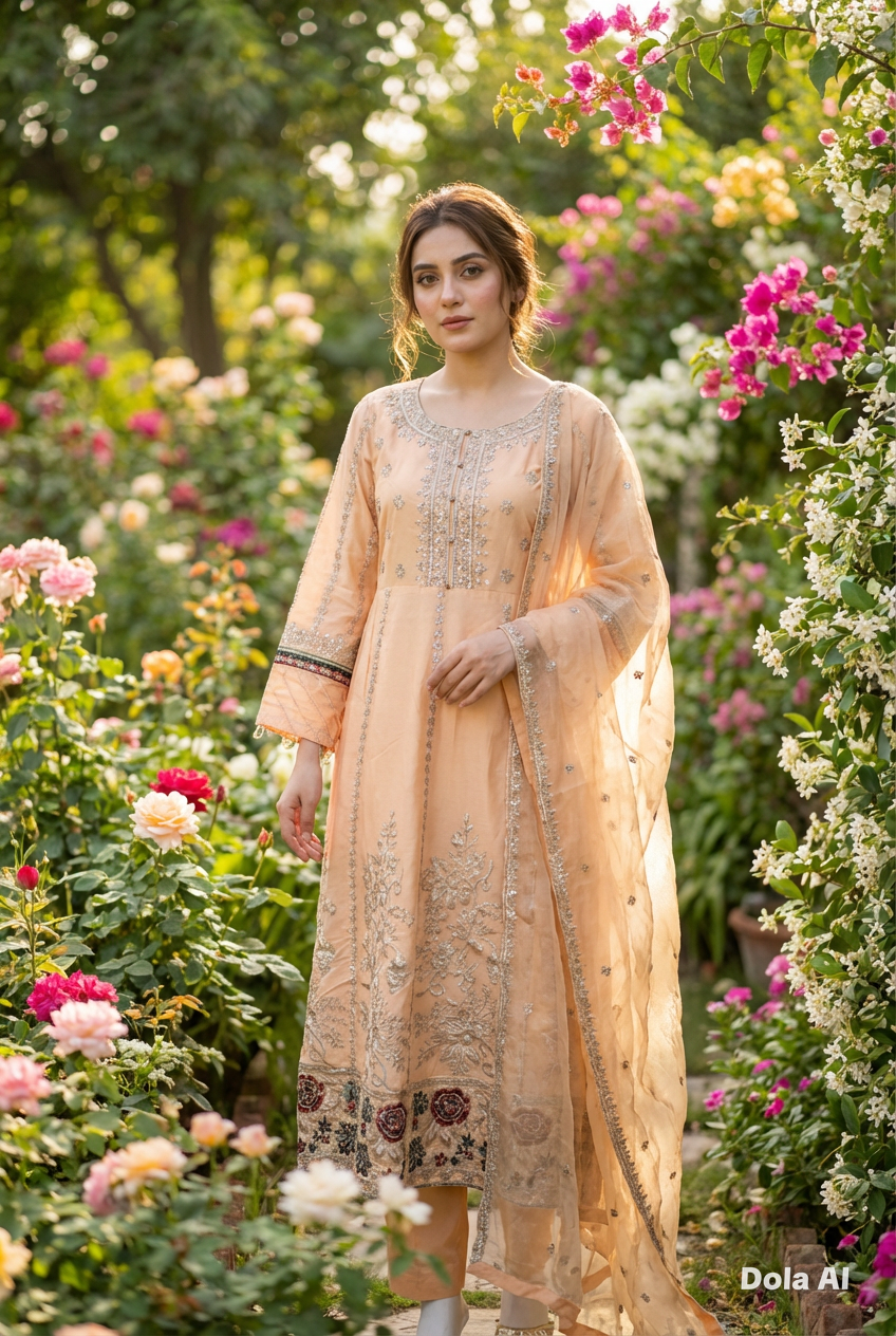 Zj peach long length frock maxi Casual 3pc outfit