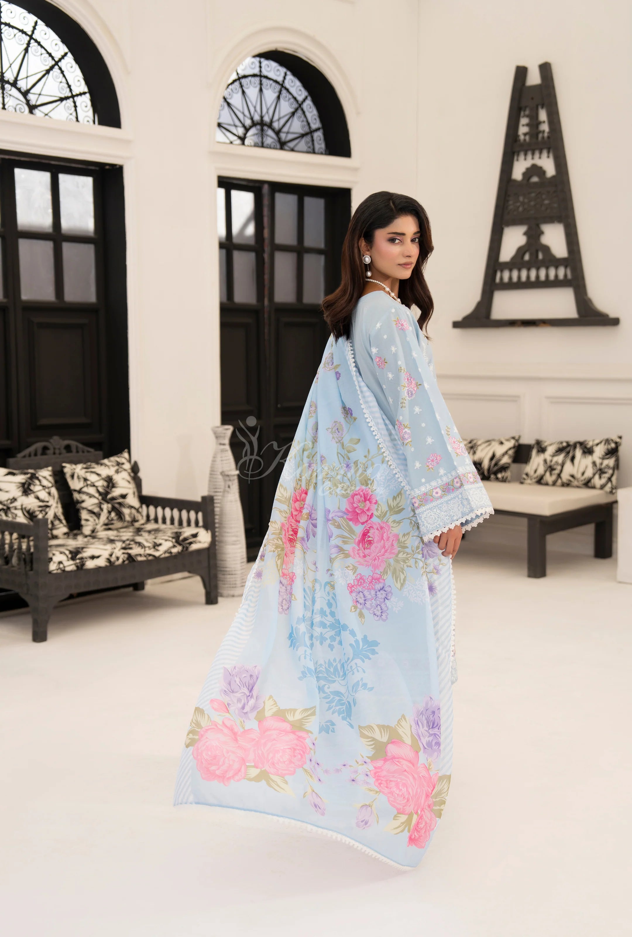 Original karma collection 3pc suit with loose trousers with embroidery DUSTY BLUE KC-1558