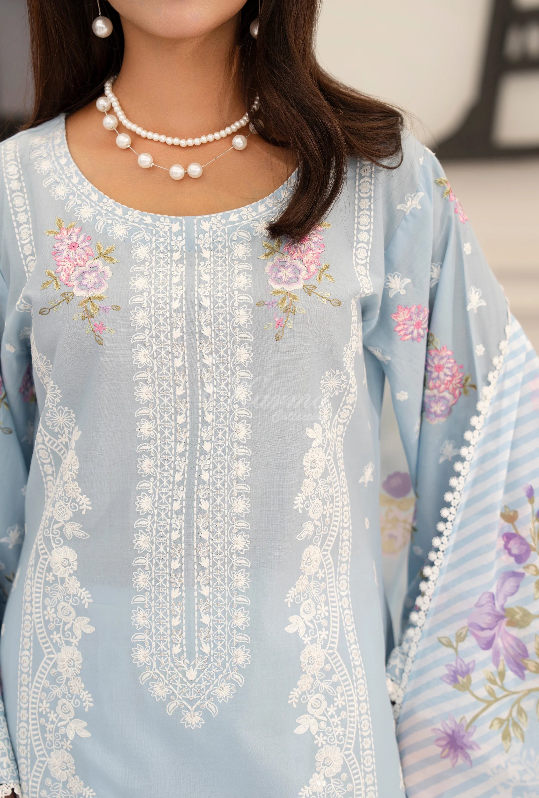 Original karma collection 3pc suit with loose trousers with embroidery DUSTY BLUE KC-1558