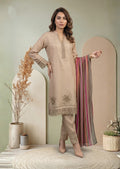 Beige Embroidered 3-Piece Suit with Multicolor Striped Digital Print Dupatta