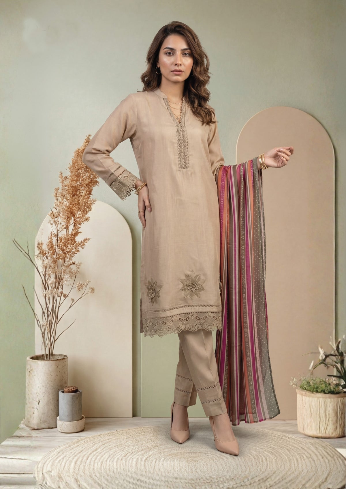 Beige Embroidered 3-Piece Suit with Multicolor Striped Digital Print Dupatta