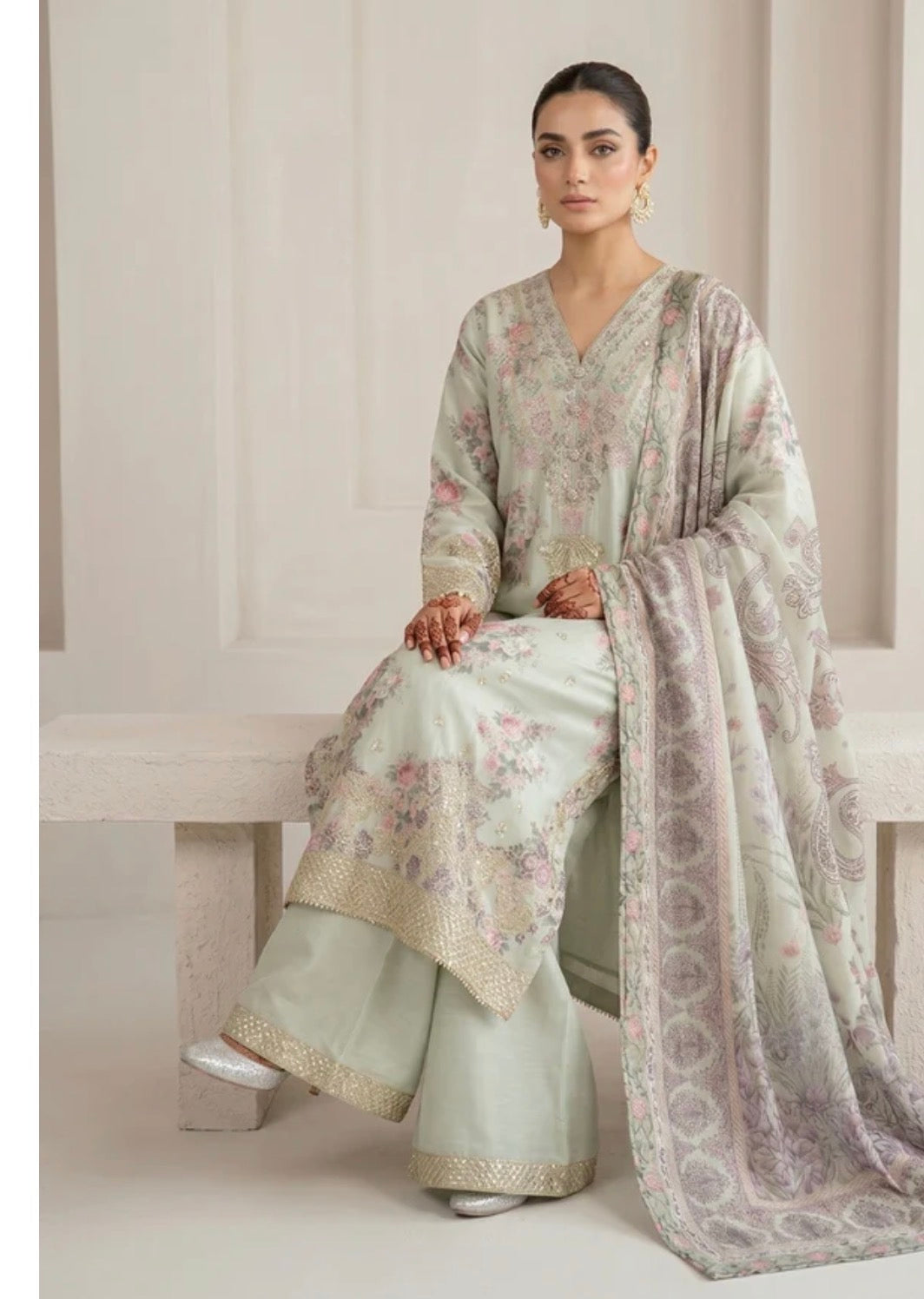 Ivory Bloom Embroidered Silk Viscose Suit with Floral Dupatta & Flare Trouser