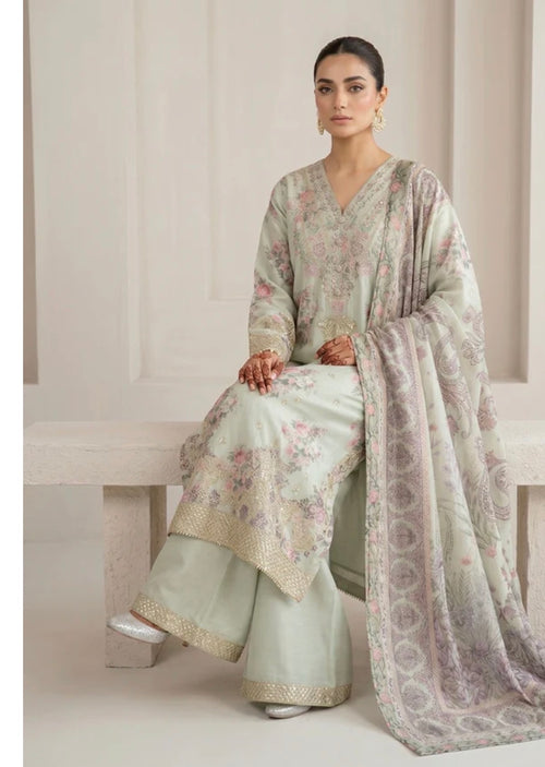Ivory Bloom Embroidered Silk Viscose Suit with Floral Dupatta & Flare Trouser