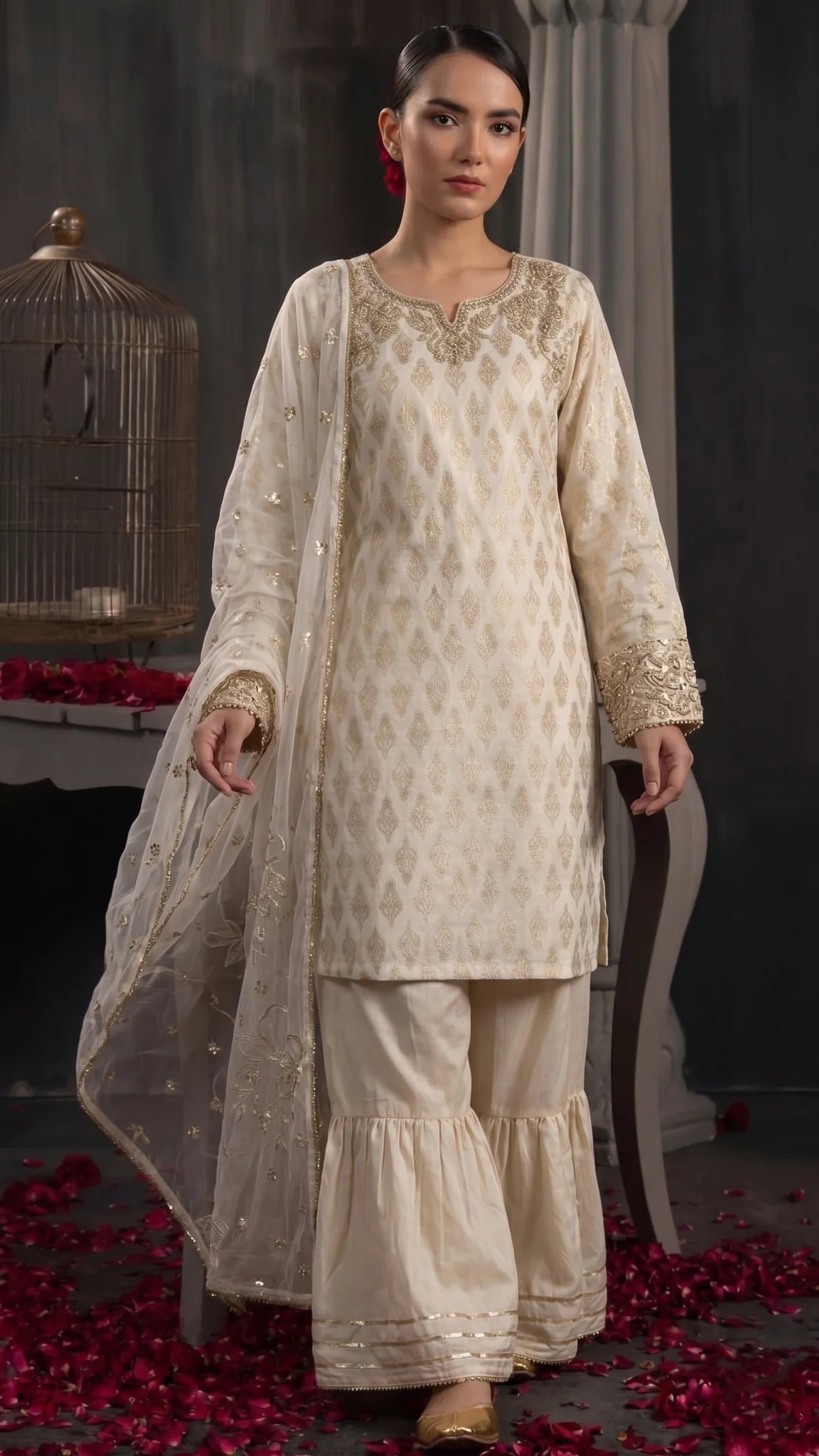 Cream and gold gararah with hand embellishments ant net scarf