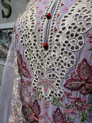 Ar Lilac White Thread Embroidery with Patchwork on Trousers - Elegant Design Featuring Floral Patterns
