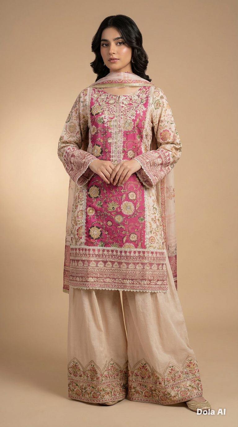 Karma Shocking Pink 3pc Outfit With Farshi Shalwaar