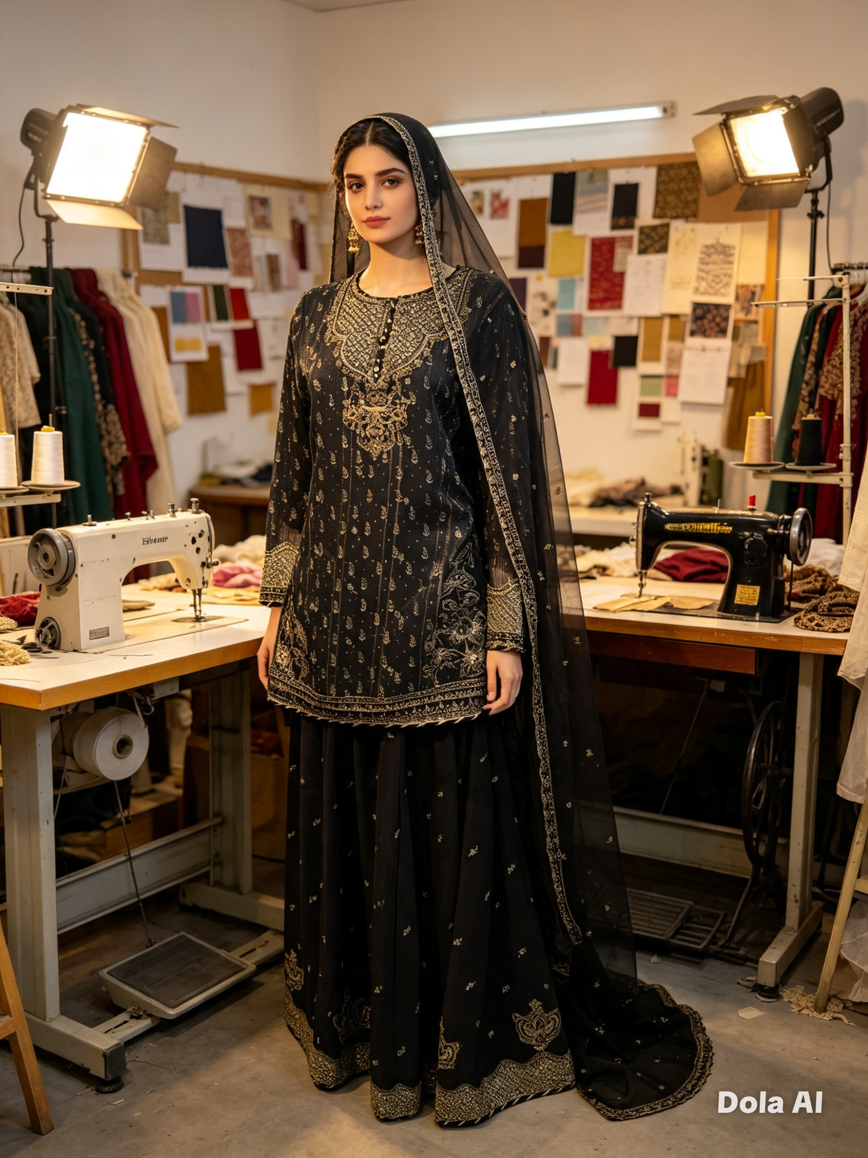 Black and gold embroidery 3pc Lengha suit