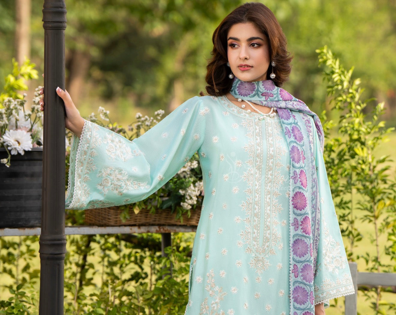 Aqua green with white embroidery original 3pc karma collection