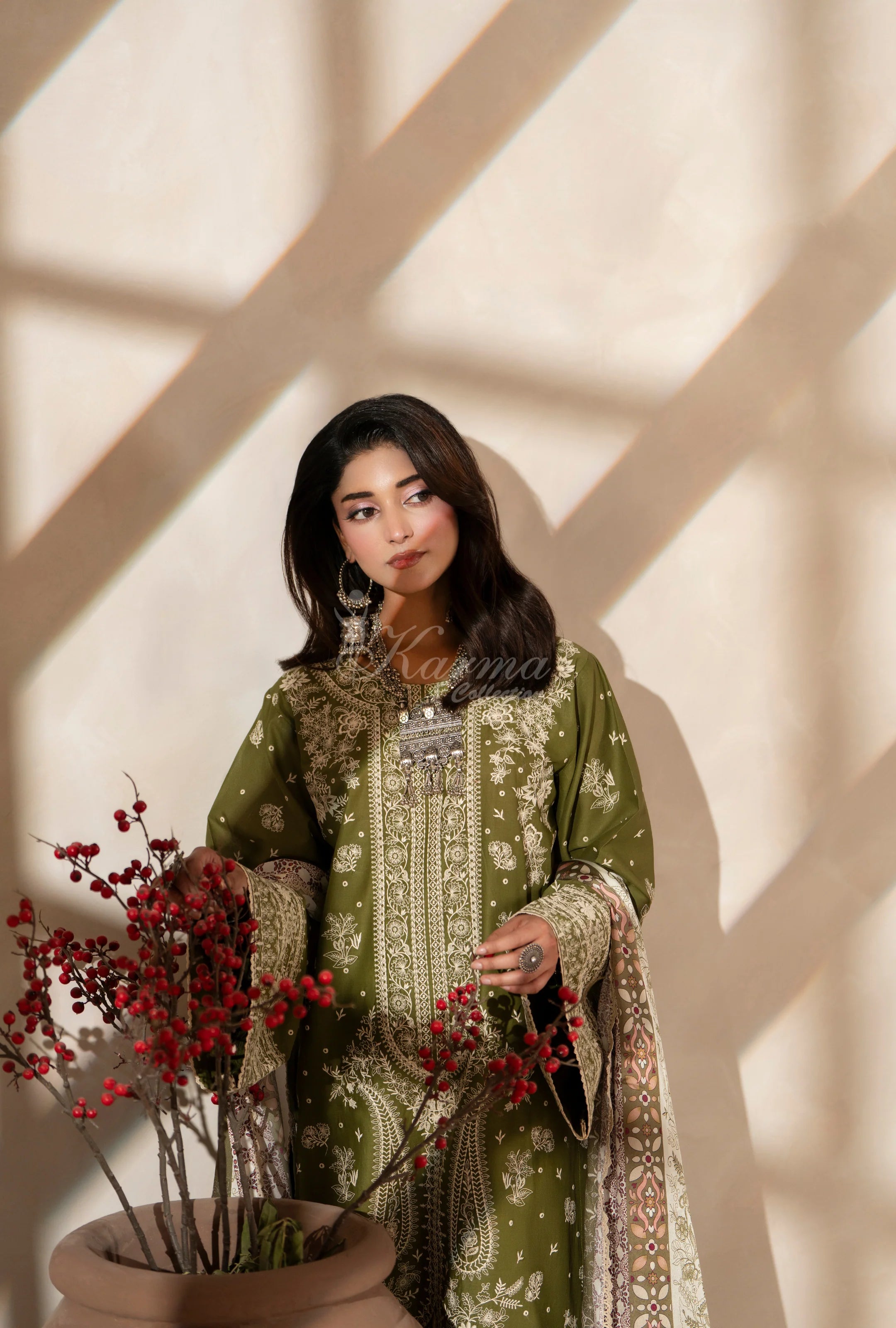 Original Karma collection olive green 3pc outfit with silk scarf