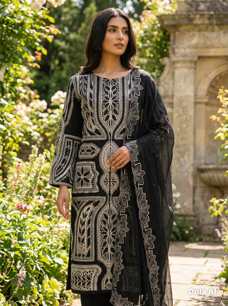 Maria b inspired 3pc outfit black and baige thread embroidery