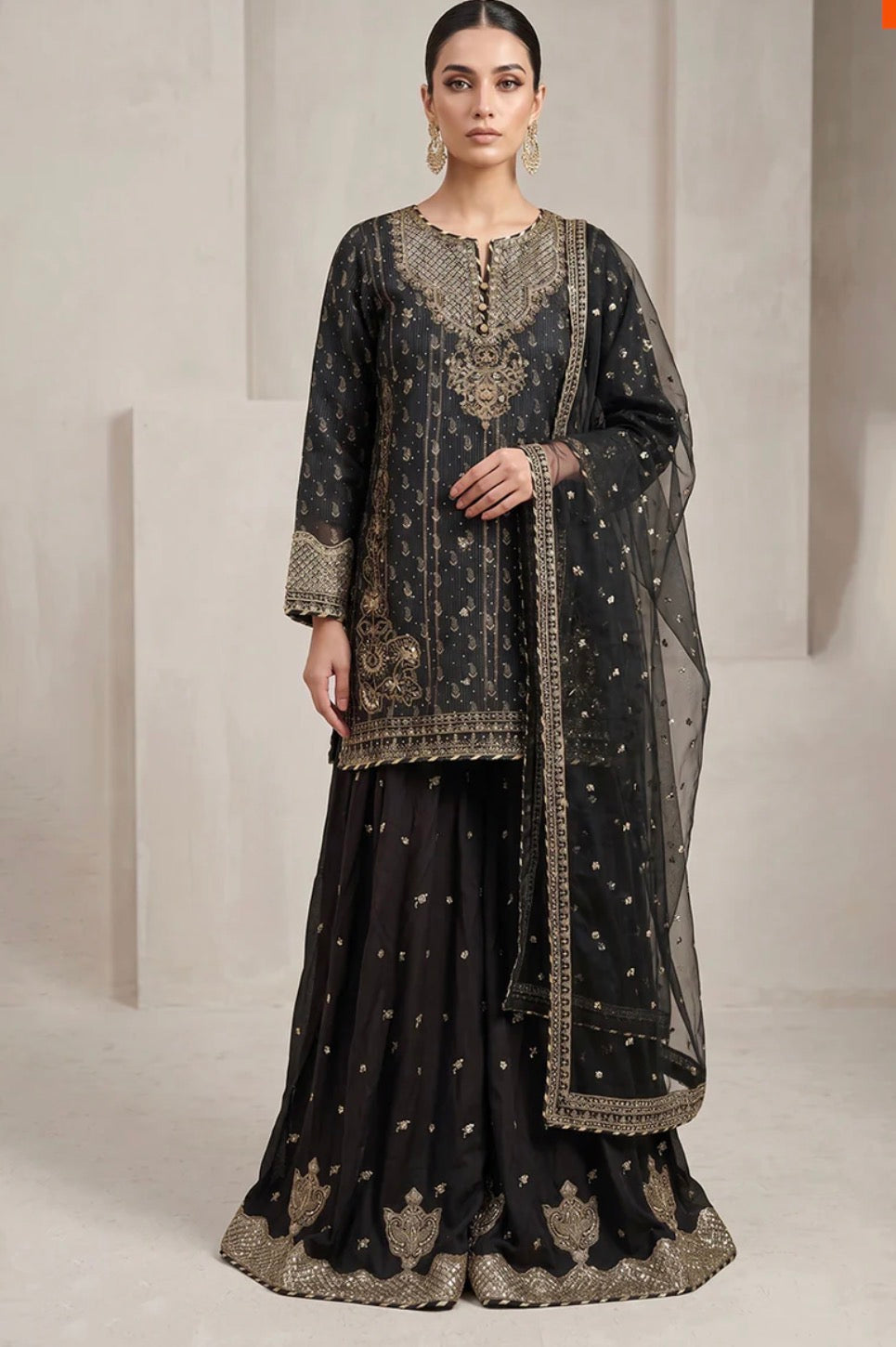 Black and gold embroidery 3pc Lengha suit