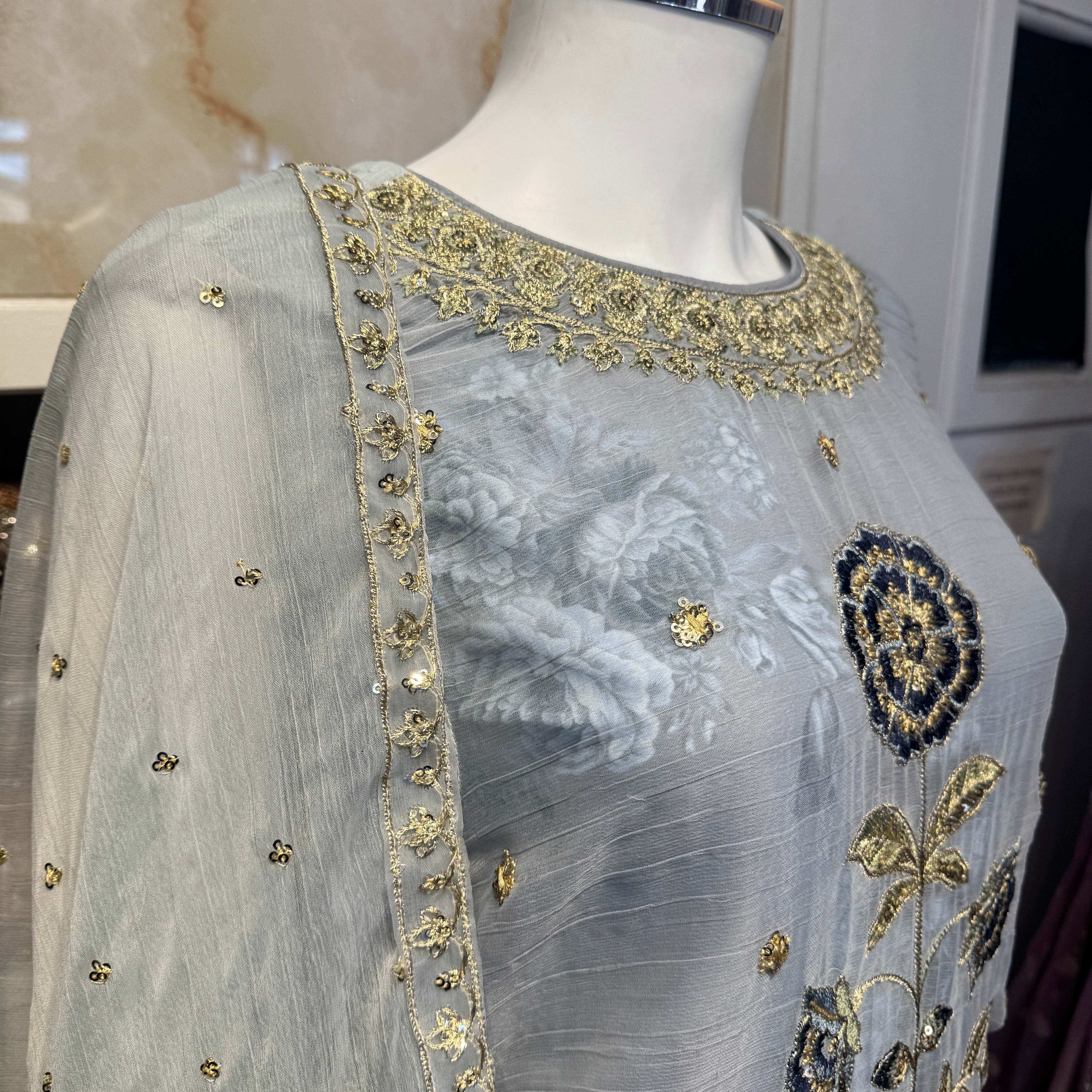 Ar baby blue ethnic  chiffon with patchwork  Womenswear