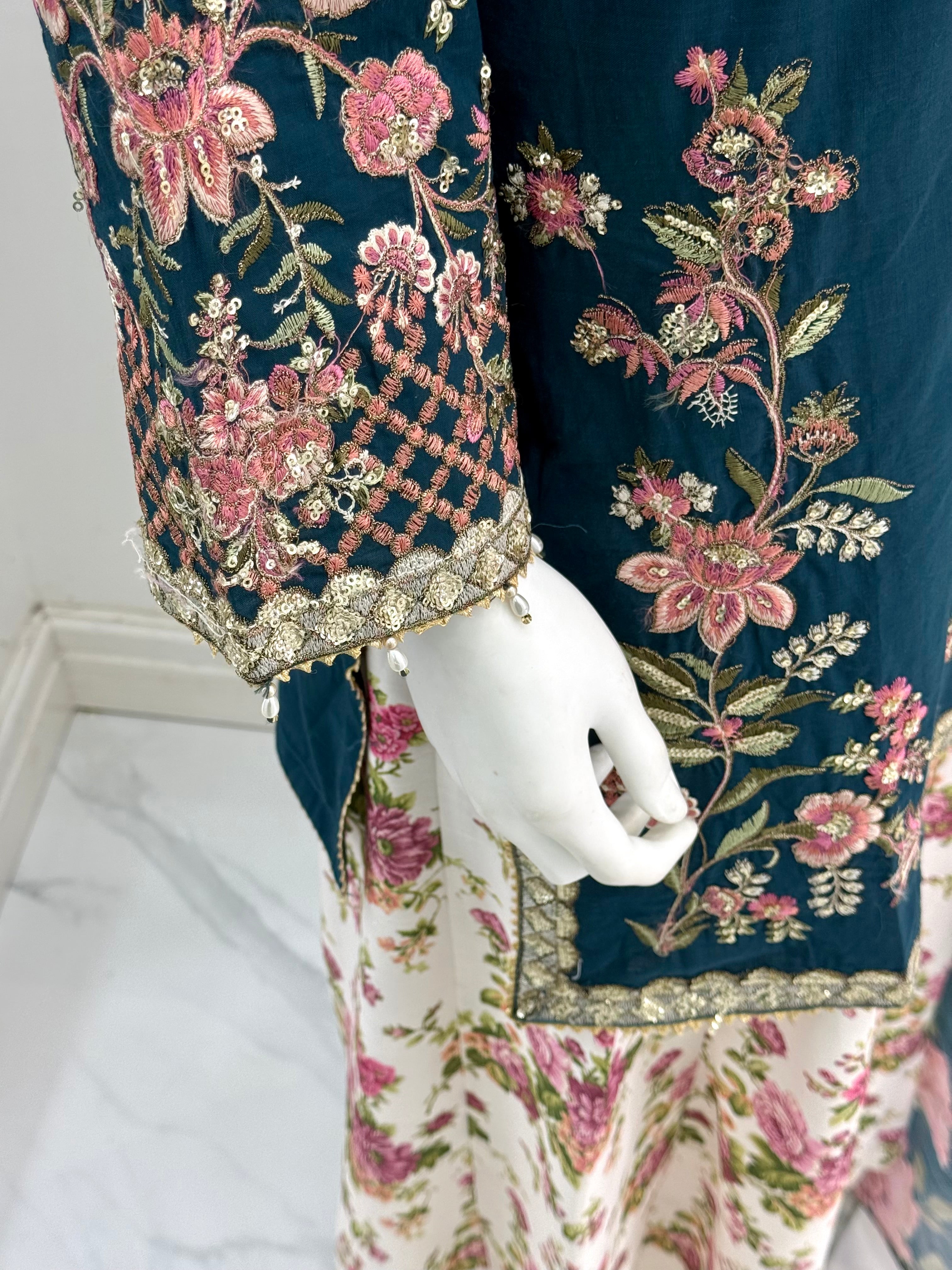 Ethnic inspired blue with white floral plazo trousers