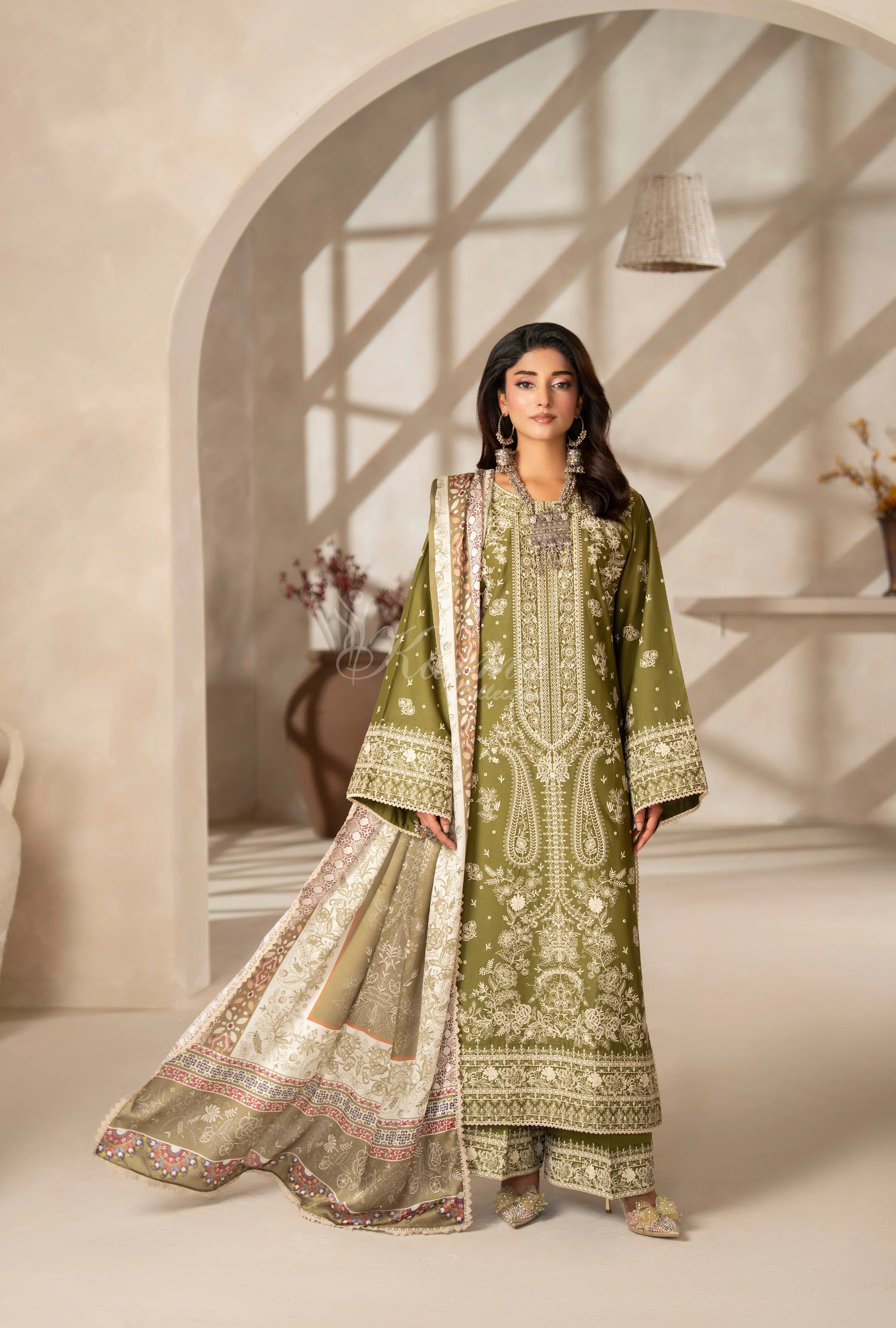 Original Karma collection olive green 3pc outfit with silk scarf
