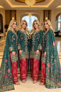 Ethnic inspired 3pc bottle green with red printed trousers