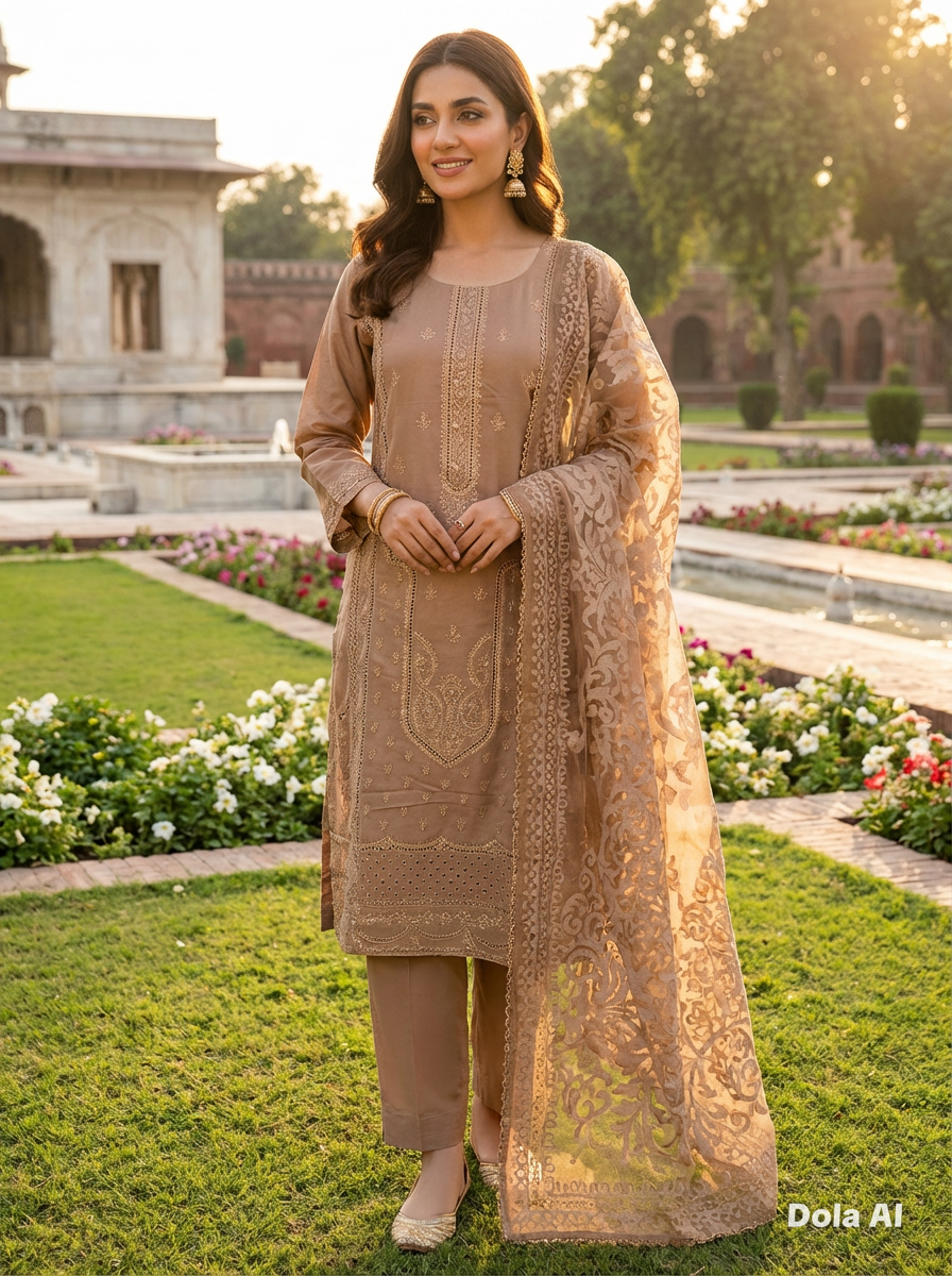 Light brown thread embroidery outfit with sequins 3pc outfit
