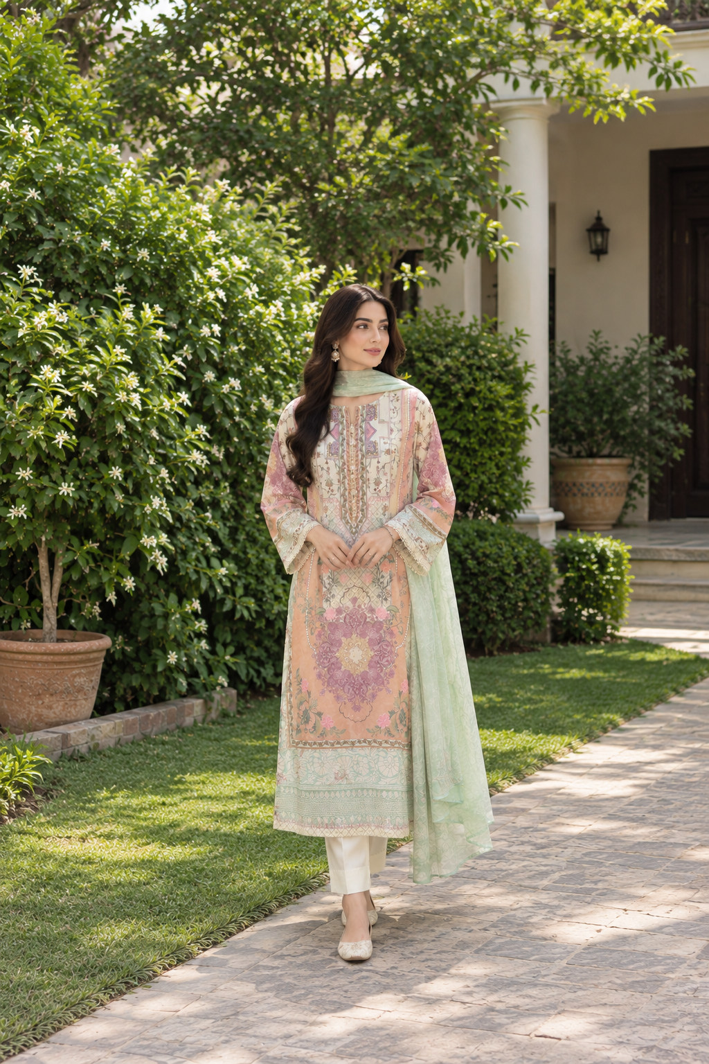 Peach Blossom Printed Silk Viscose Suit with Soft Cotton Dupatta & Straight Trouser