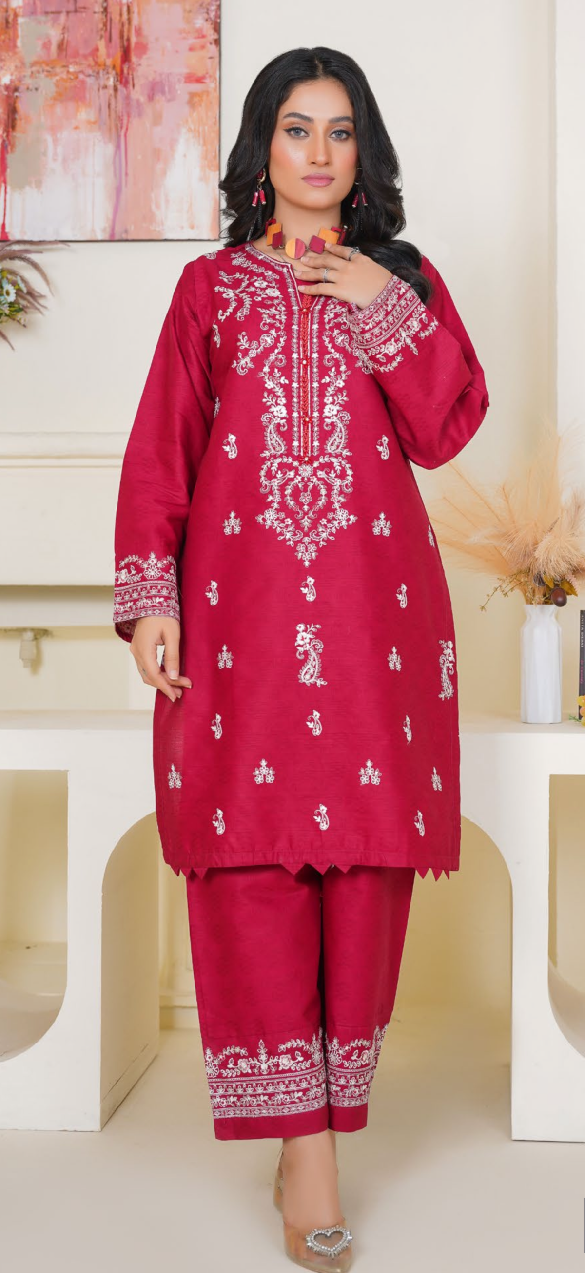 2pc red with white embroidery