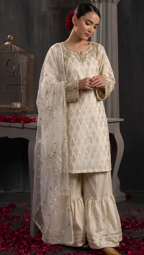 Cream and gold gararah with hand embellishments ant net scarf