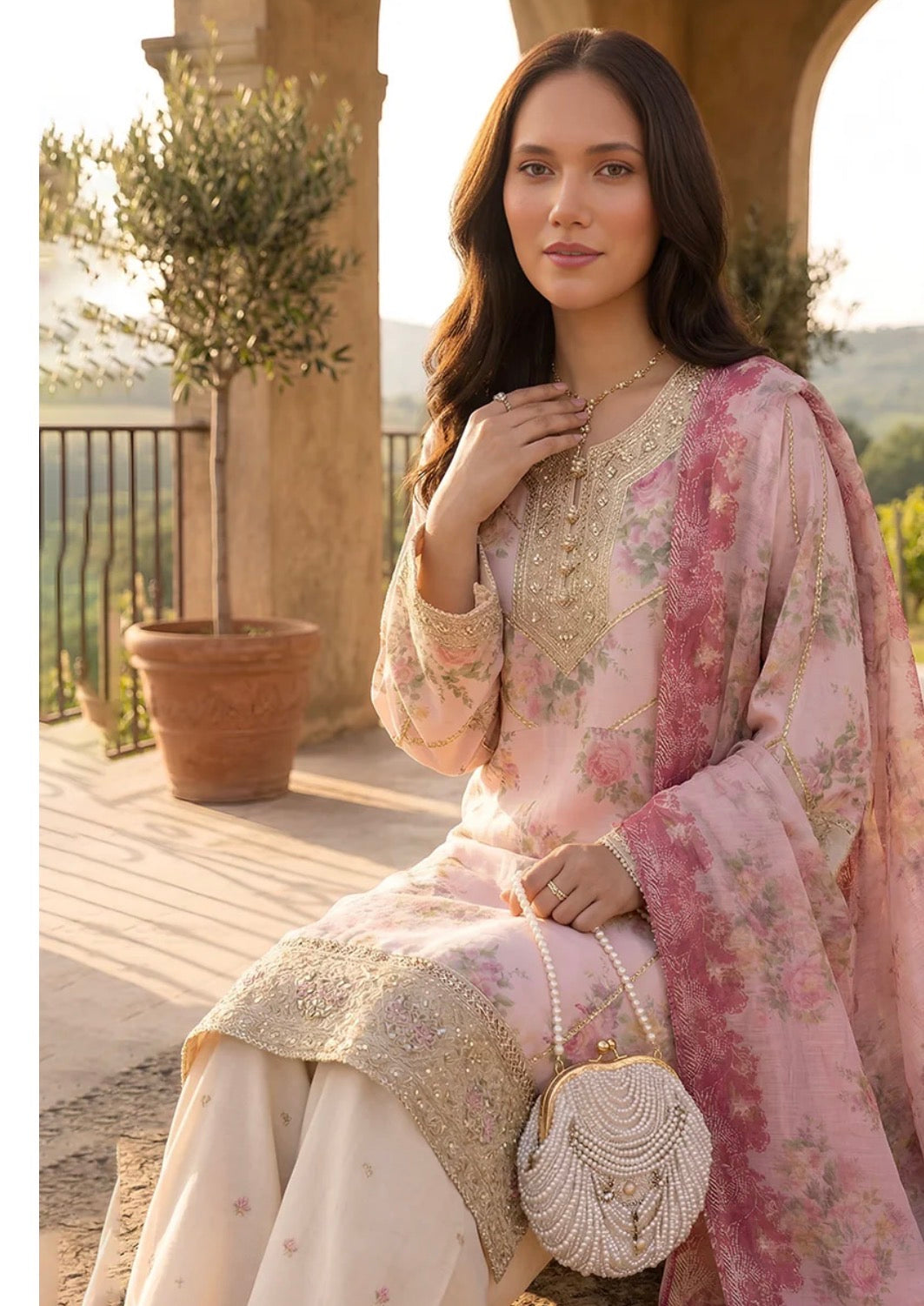 Blush Bloom Printed Silk Viscose Suit with Embroidered Neckline & Flare Trouser