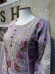 Ar Lilac White Thread Embroidery with Patchwork on Trousers - Elegant Design Featuring Floral Patterns