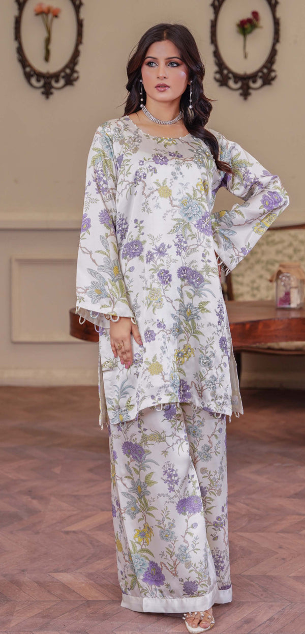 Luxury 2pc silk white with lilac and green flowers