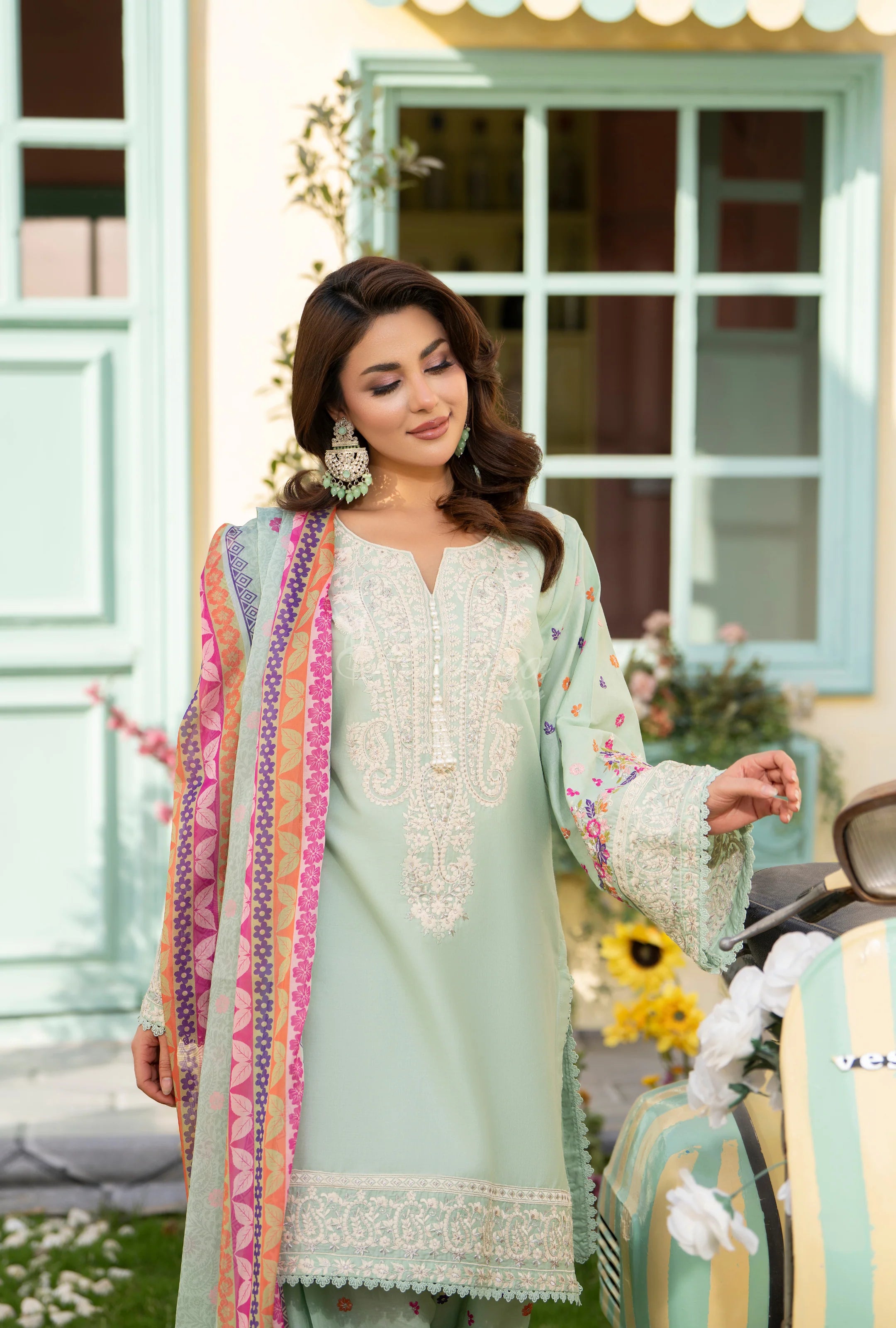 Original karma collection 3pc suit with embroidery farshi shalwar SAGE TINT
KC-1556