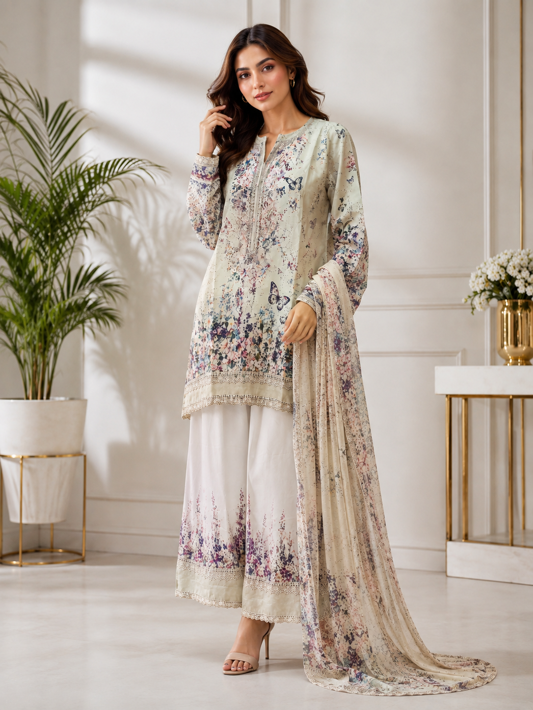 Ivory Floral Printed Luxury Silky Viscose 3-Piece Sui