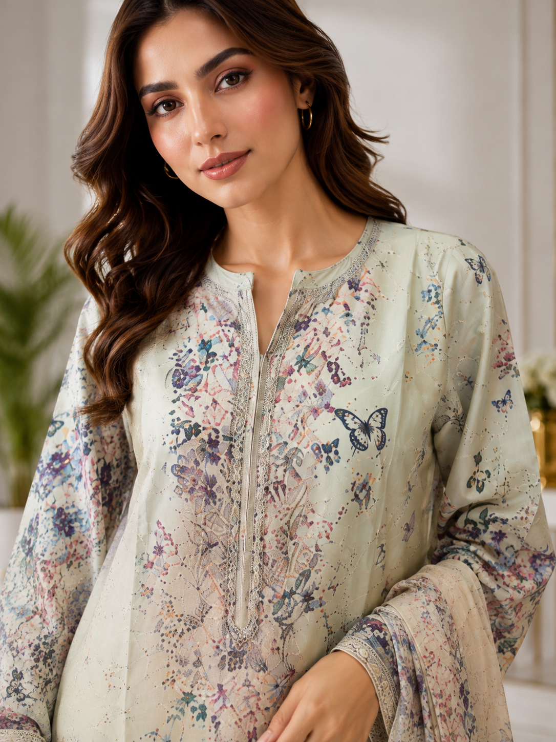 Ivory Floral Printed Luxury Silky Viscose 3-Piece Sui