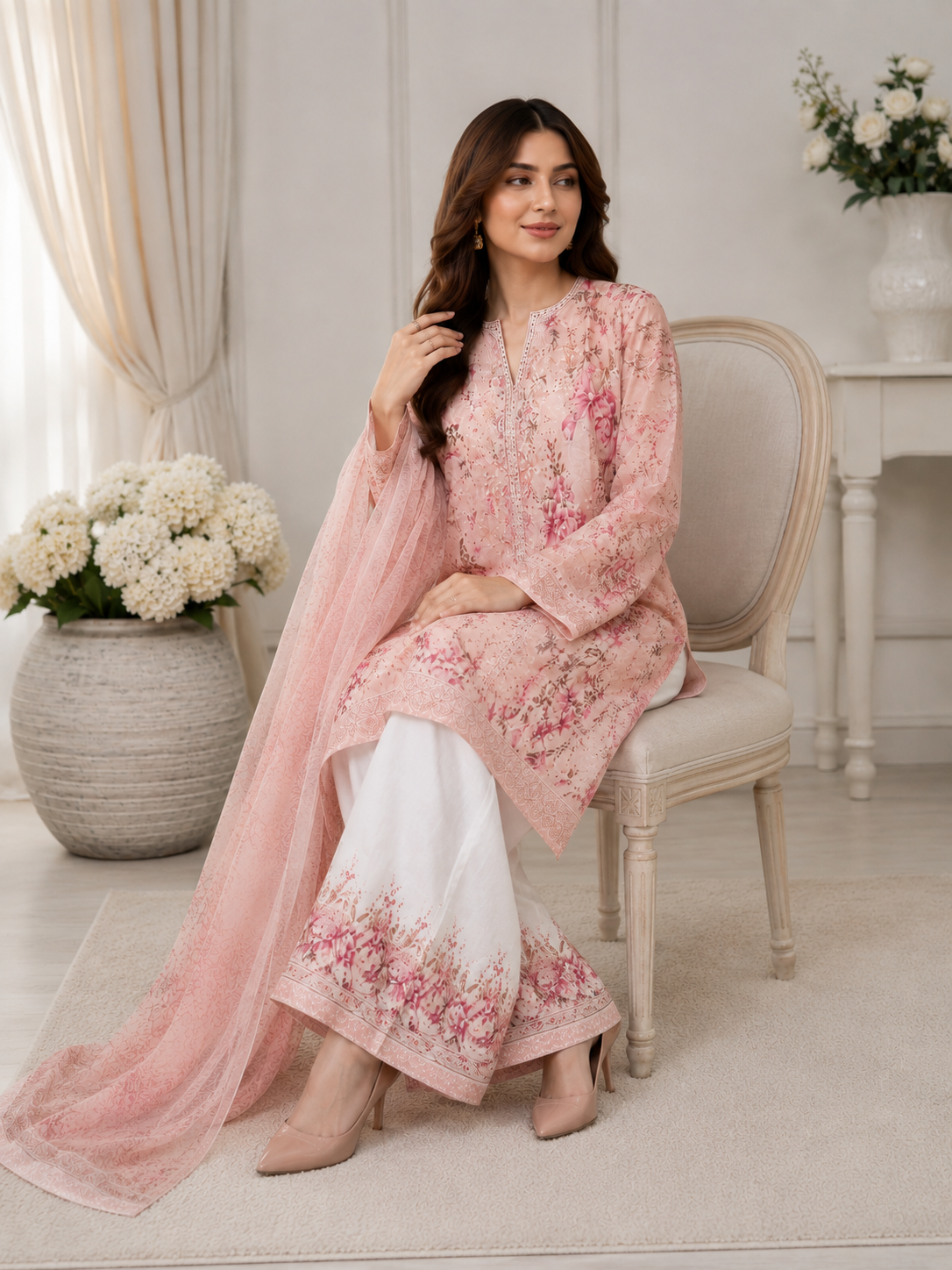 Luxury Silky Viscose 3-Piece Peach Floral Embroidered Outfit