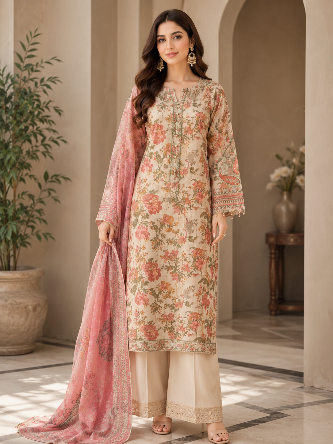 Ivory Peach Floral Printed Banarsi Organza Suit