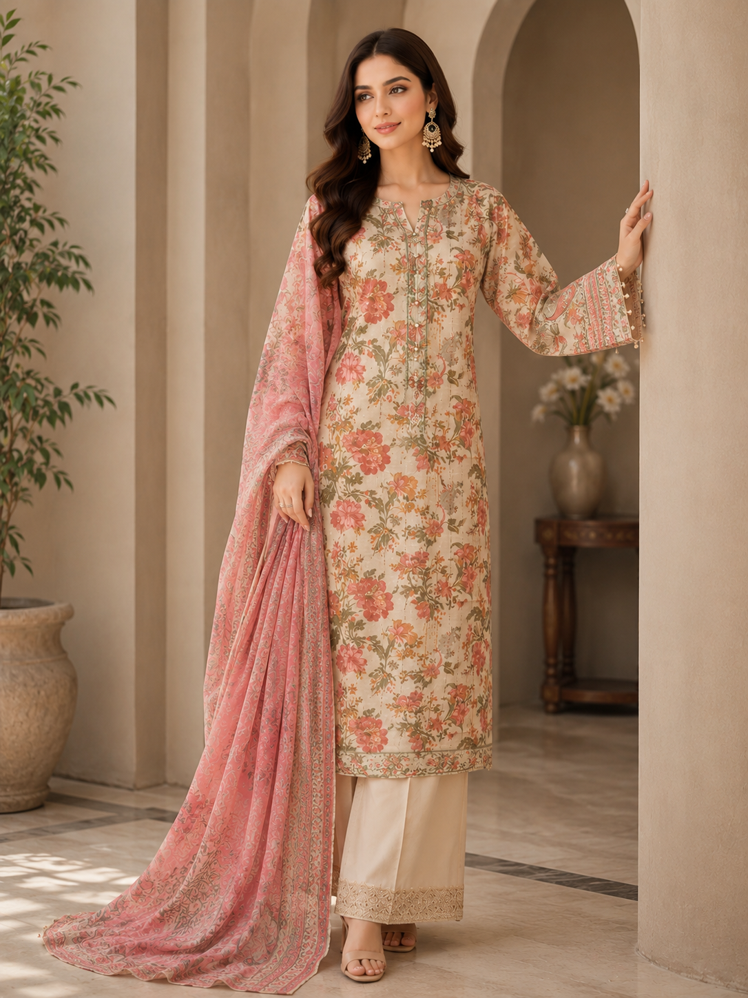 Ivory Peach Floral Printed Banarsi Organza Suit