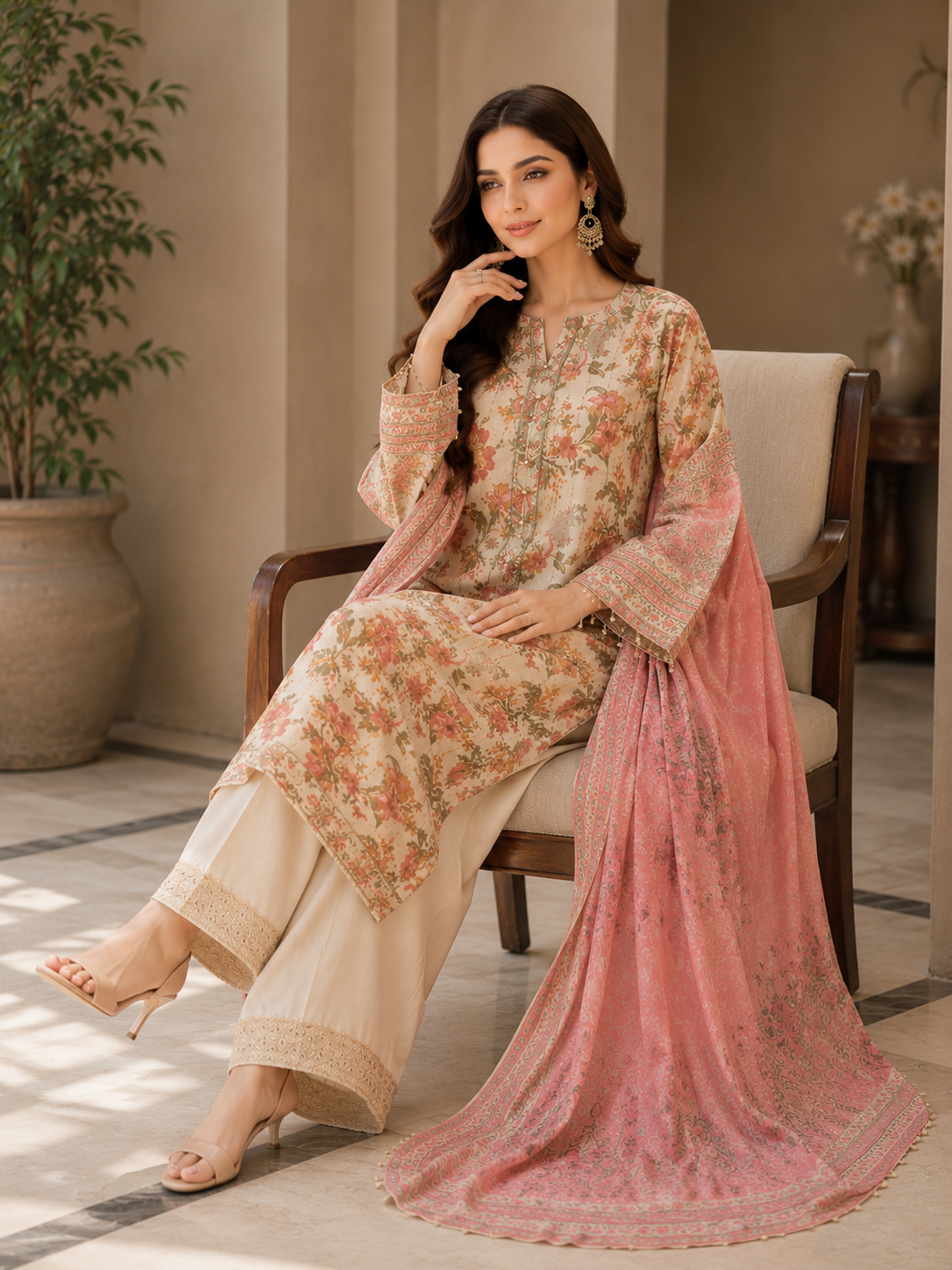 Ivory Peach Floral Printed Banarsi Organza Suit