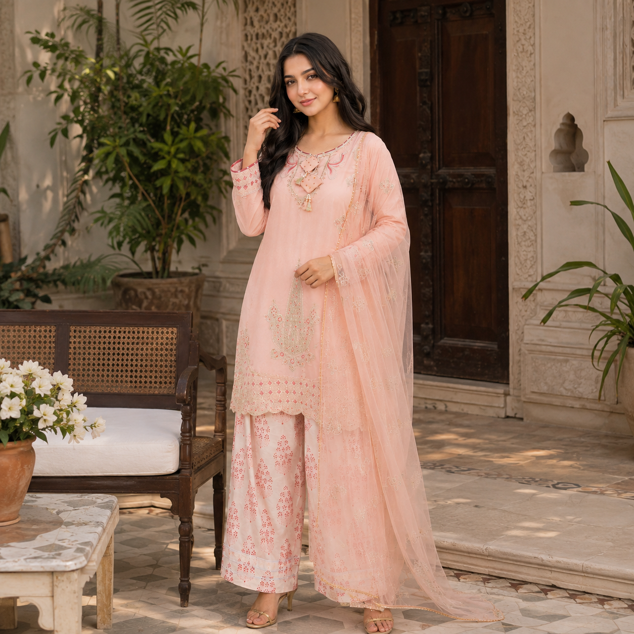 Blush Pink Embroidered 3-Piece Lawn Suit with Organza Dupatta & Printed Palazzo