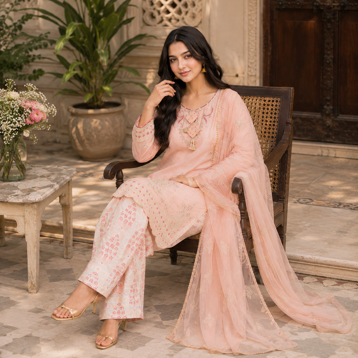Blush Pink Embroidered 3-Piece Lawn Suit with Organza Dupatta & Printed Palazzo