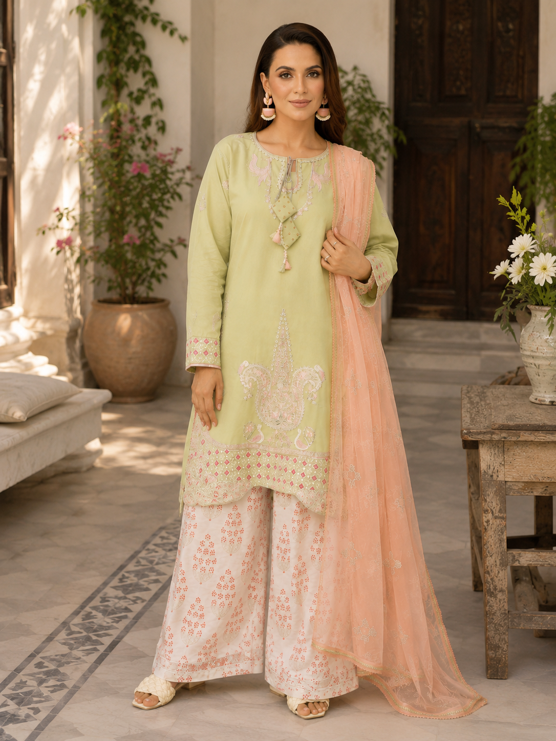 Pistachio Green Embroidered 3-Piece Lawn Suit with Organza Dupatta & Printed Palazzo