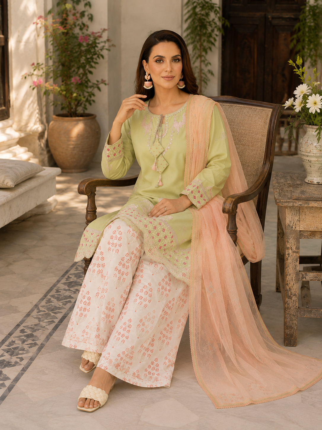 Pistachio Green Embroidered 3-Piece Lawn Suit with Organza Dupatta & Printed Palazzo