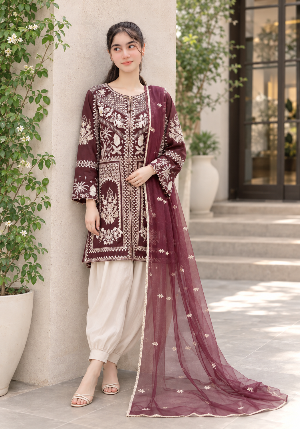 Maroon Luxury Embroidered 3-Piece Suit with Organza Dupatta & Tulip Shalwar