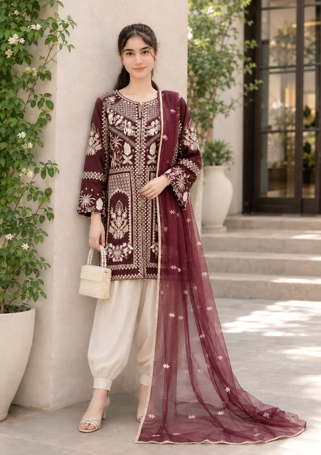 Maroon Luxury Embroidered 3-Piece Suit with Organza Dupatta & Tulip Shalwar