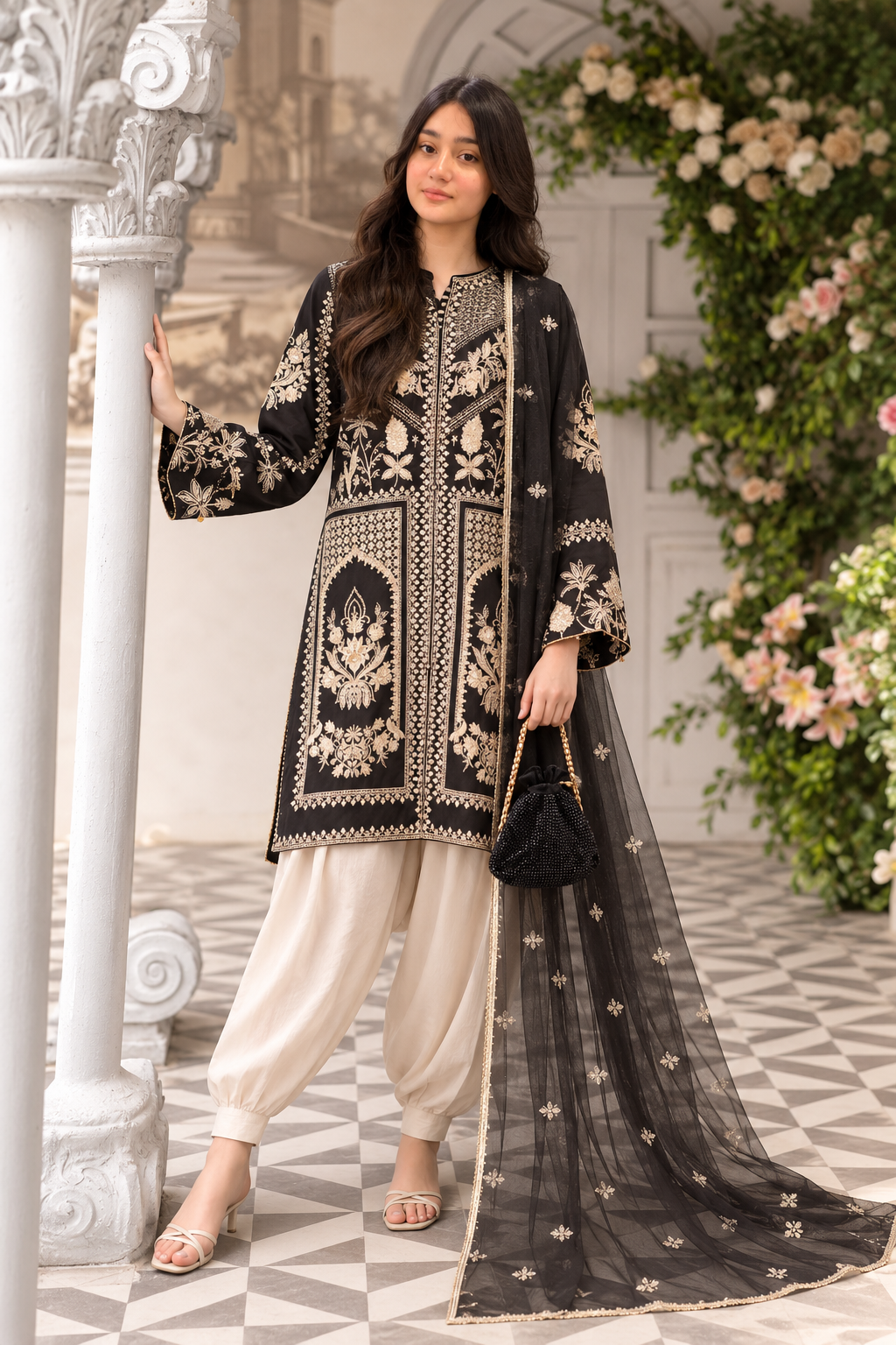 Black Luxury Embroidered 3-Piece Suit with Organza Dupatta & Tulip Shalwar