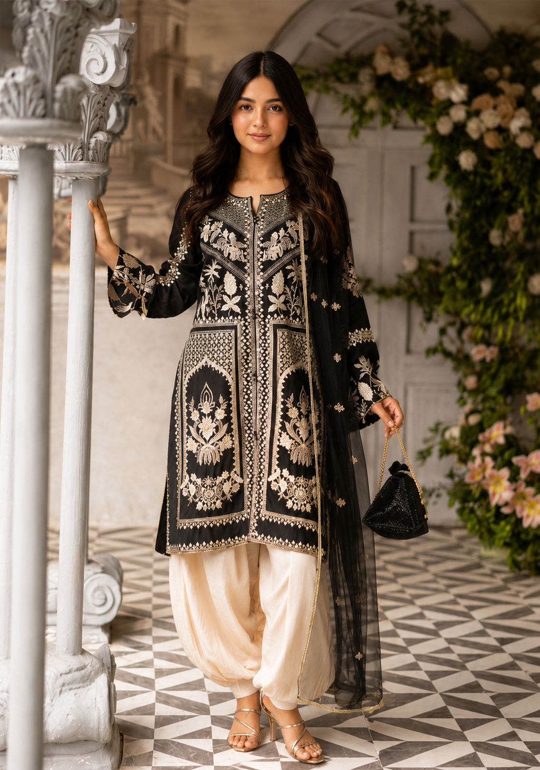 Black Luxury Embroidered 3-Piece Suit with Organza Dupatta & Tulip Shalwar