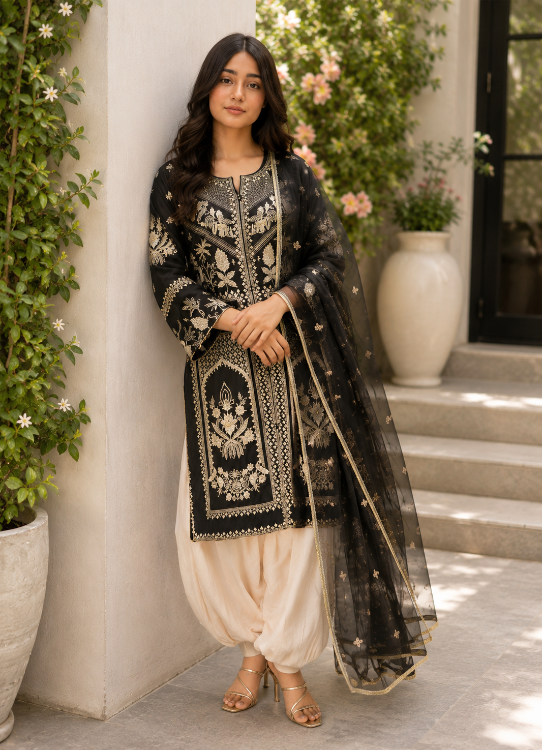 Black Luxury Embroidered 3-Piece Suit with Organza Dupatta & Tulip Shalwar