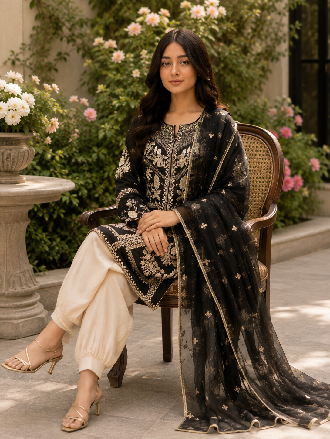 Black Luxury Embroidered 3-Piece Suit with Organza Dupatta & Tulip Shalwar